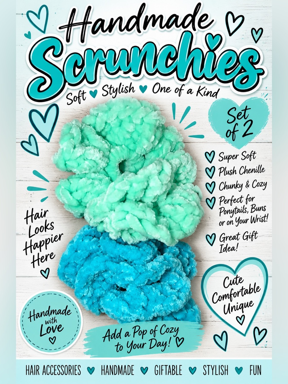 Handmade Plush Chenille Hair Scrunchies Set of 2 Aqua Turquoise Chunky Soft